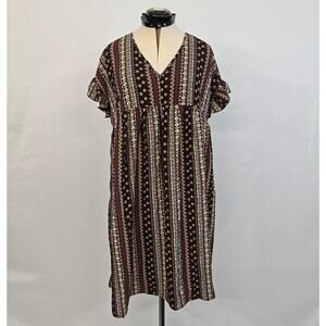 Bloomchic Boho Midi Dress Women's L Brown Multi Ruffle Short Sleeves NWT